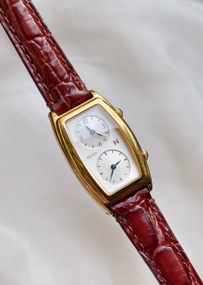 Rare Seiko Noie Dual Time Vintage Watch for women; Gold plated, Leather Strap