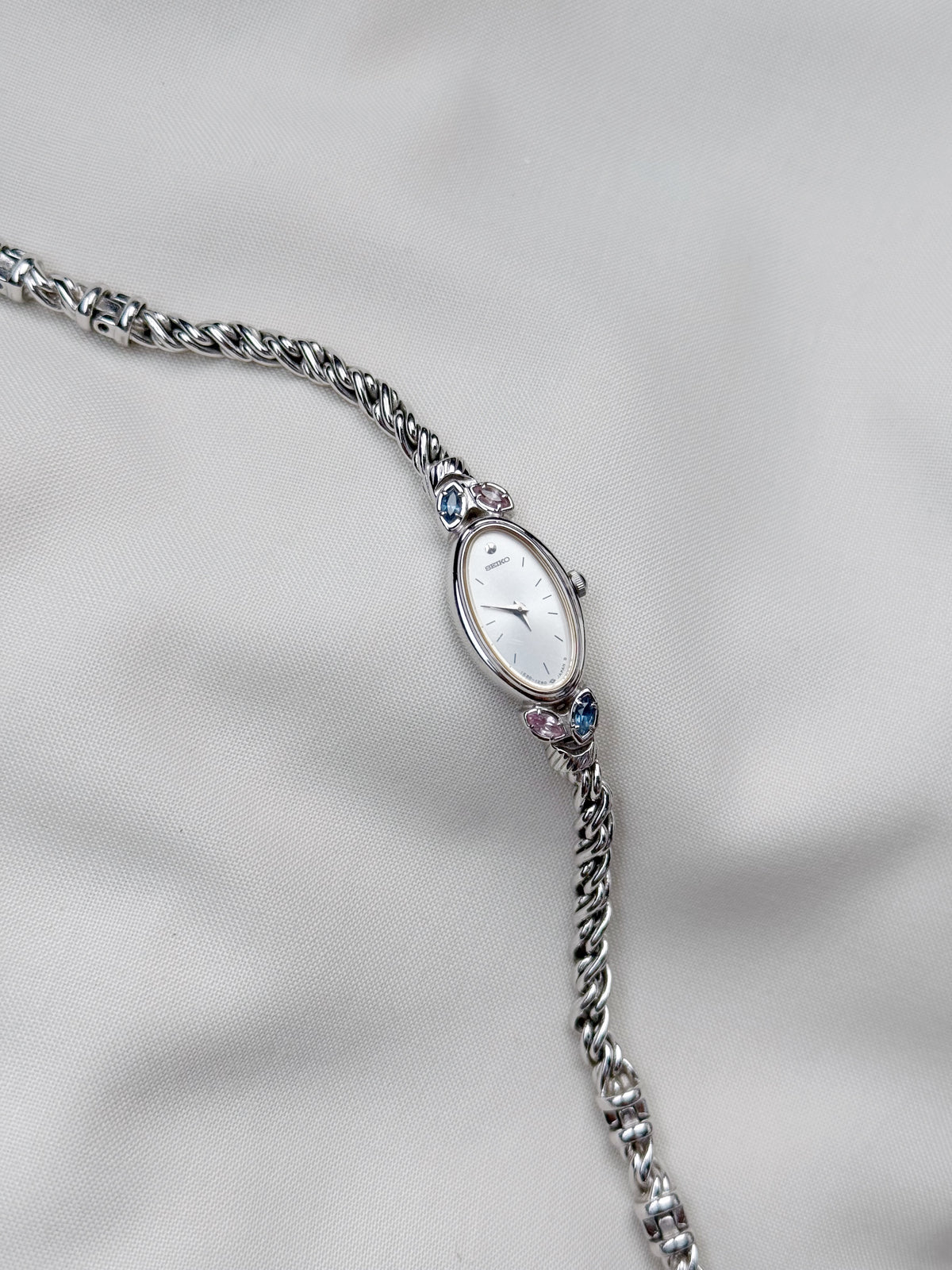 Vintage Rare Seiko Oval Watch with two lavender and blue stones and rope chain bracelet