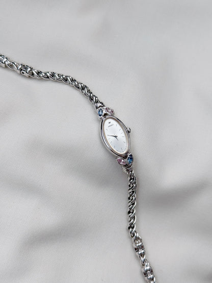 Vintage Rare Seiko Oval Watch with two lavender and blue stones and rope chain bracelet