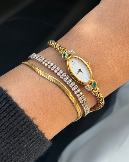 Vintage Seiko Oval Watch: Gold Plated Rope Bracelet, Emerald & White Stones