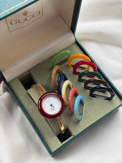 Vintage Gucci Interchangeable Bezels Women's Gold Plated Bangle Watch Set, 12 Bezels (1100L)