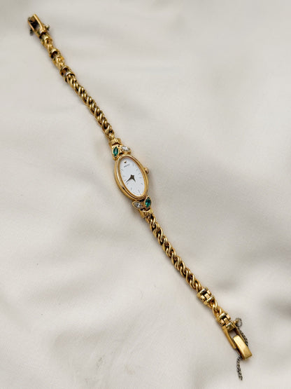 Vintage Seiko Oval Watch: Gold Plated Rope Bracelet, Emerald & White Stones
