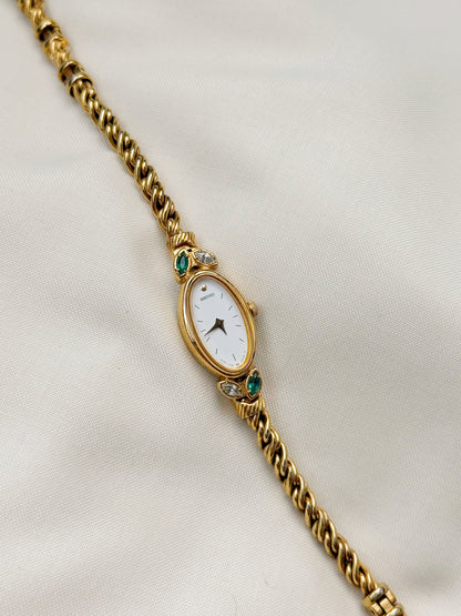 Vintage Seiko Oval Watch: Gold Plated Rope Bracelet, Emerald & White Stones