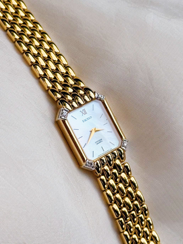 Rare Citizen Exceed Tank Gold Plated Watch: Diamond Accents, Mother of Pearl Dial