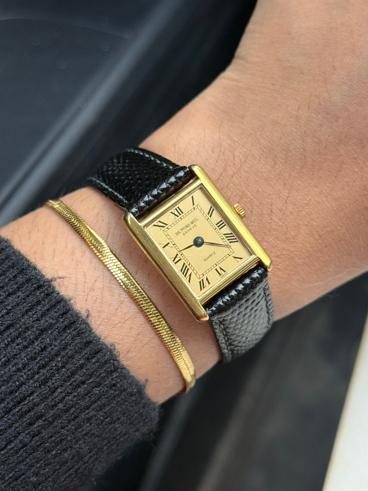 Rare Raymond Weil Roman Tank Vintage Unisex Watch; Gold plated, Leather Strap