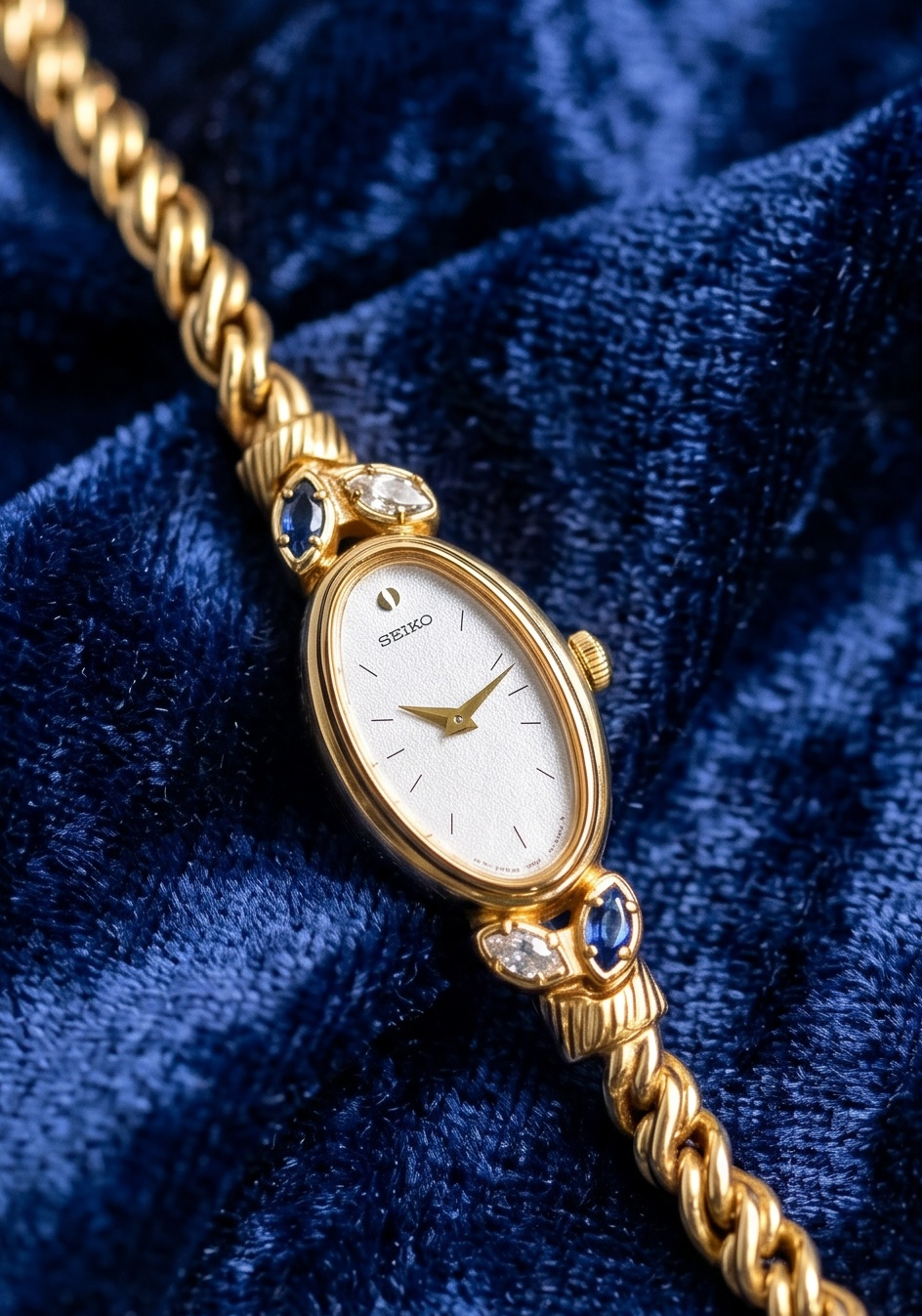 Vintage Seiko Oval Watch: Gold Plated Rope Bracelet, Blue & White Stones (Japan Made)