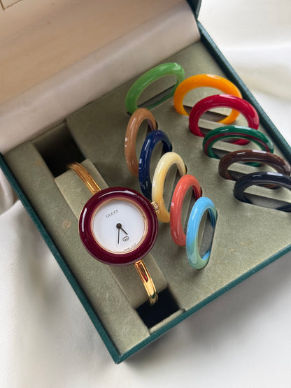 Vintage Gucci Interchangeable Bezels Women's Gold Plated Bangle Watch Set, 12 Bezels (1100L)