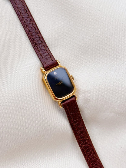 Rare Seiko Small Burgundy Tank Vintage Watch for women; Gold plated, Leather Strap