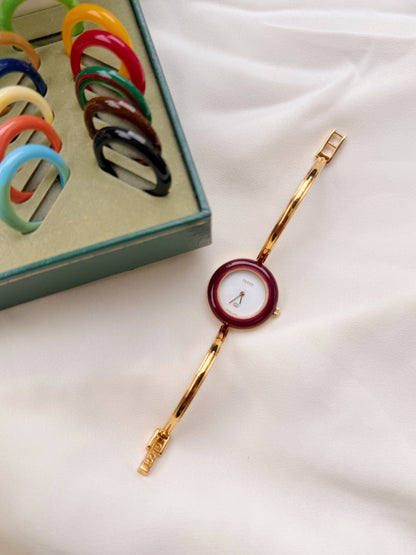 Vintage Gucci Interchangeable Bezels Women's Gold Plated Bangle Watch Set, 12 Bezels (1100L)