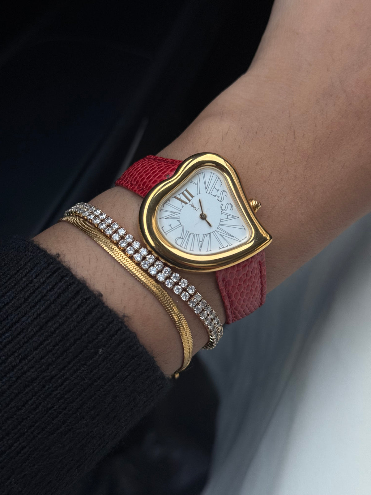 Vintage Rare Yves Saint Laurent Heart Watch for women: Gold Plated, Red strap