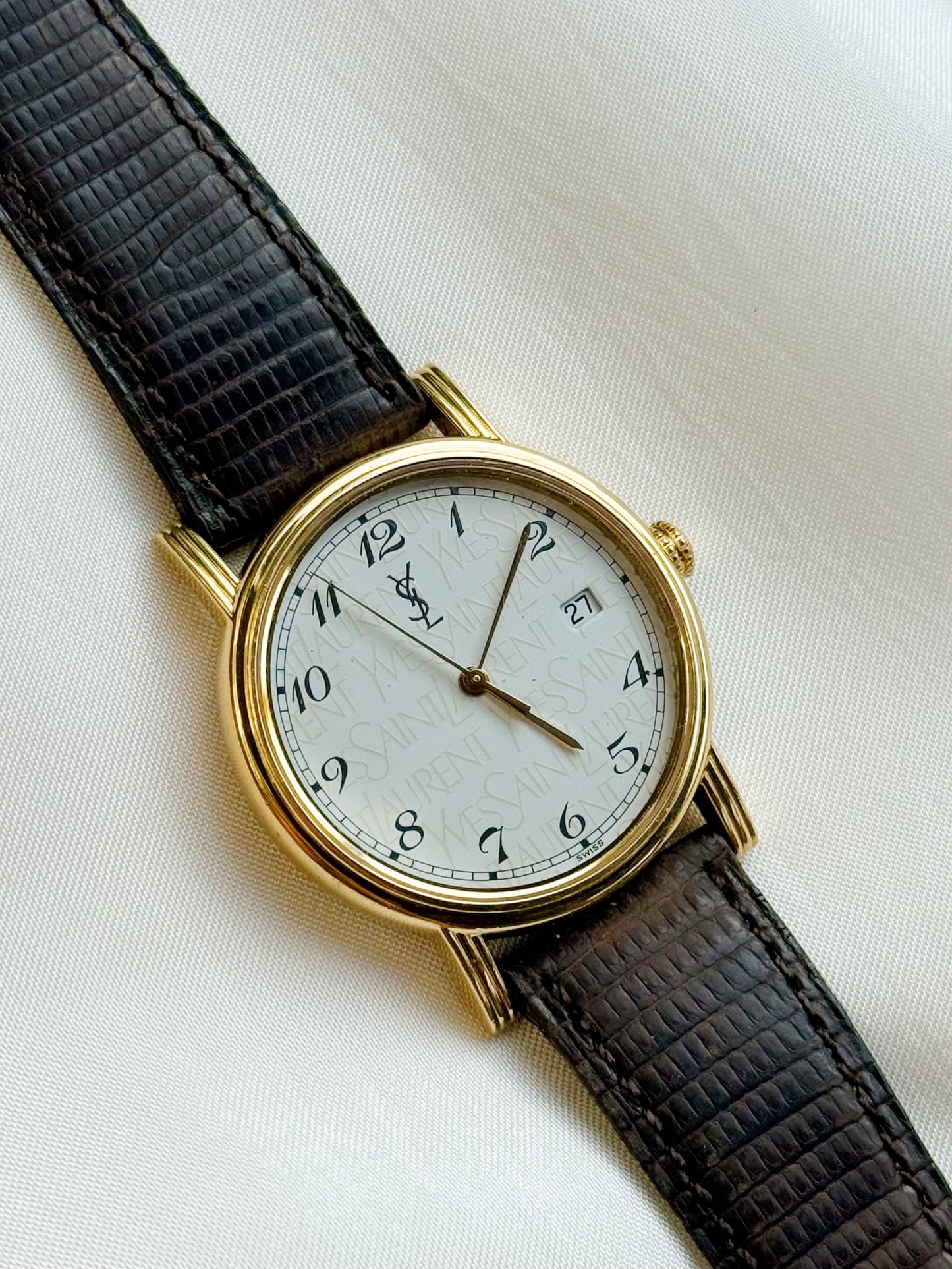 Vintage Rare Yves Saint Laurent Round Pattern Watch for women: Gold Plated, Datejust Dial