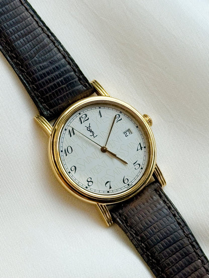 Vintage Rare Yves Saint Laurent Round Pattern Watch for women: Gold Plated, Datejust Dial