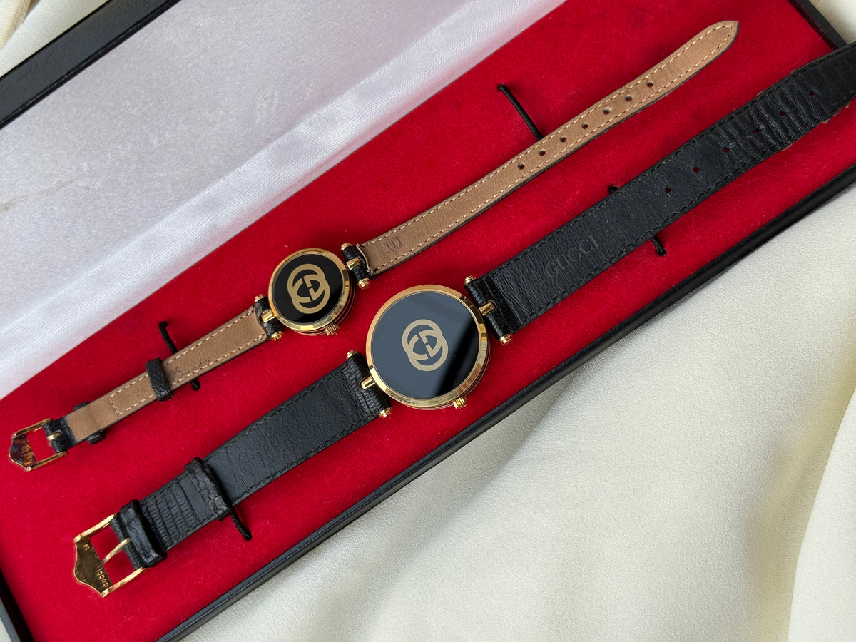 Vintage Gucci Sherry Line Gold-Plated Quartz Couple Watches; Luxury Swiss timepiece