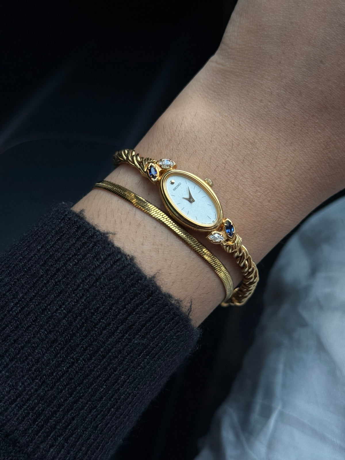 Vintage Seiko Oval Watch: Gold Plated Rope Bracelet, Blue & White Stones (Japan Made)