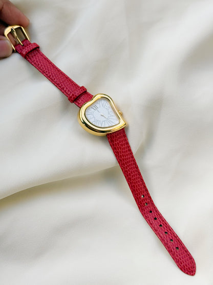 Vintage Rare Yves Saint Laurent Heart Watch for women: Gold Plated, Red strap