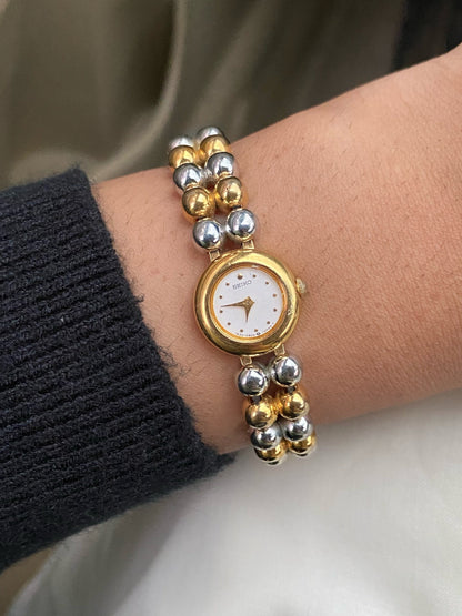 Rare Vintage Petite Seiko Two tone watch | Balls Bracelet | 1980s dainty watch