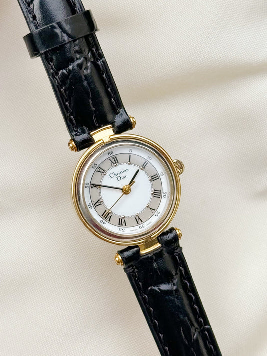 Christian Dior gold plated Roman dial watch for women; Leather strap