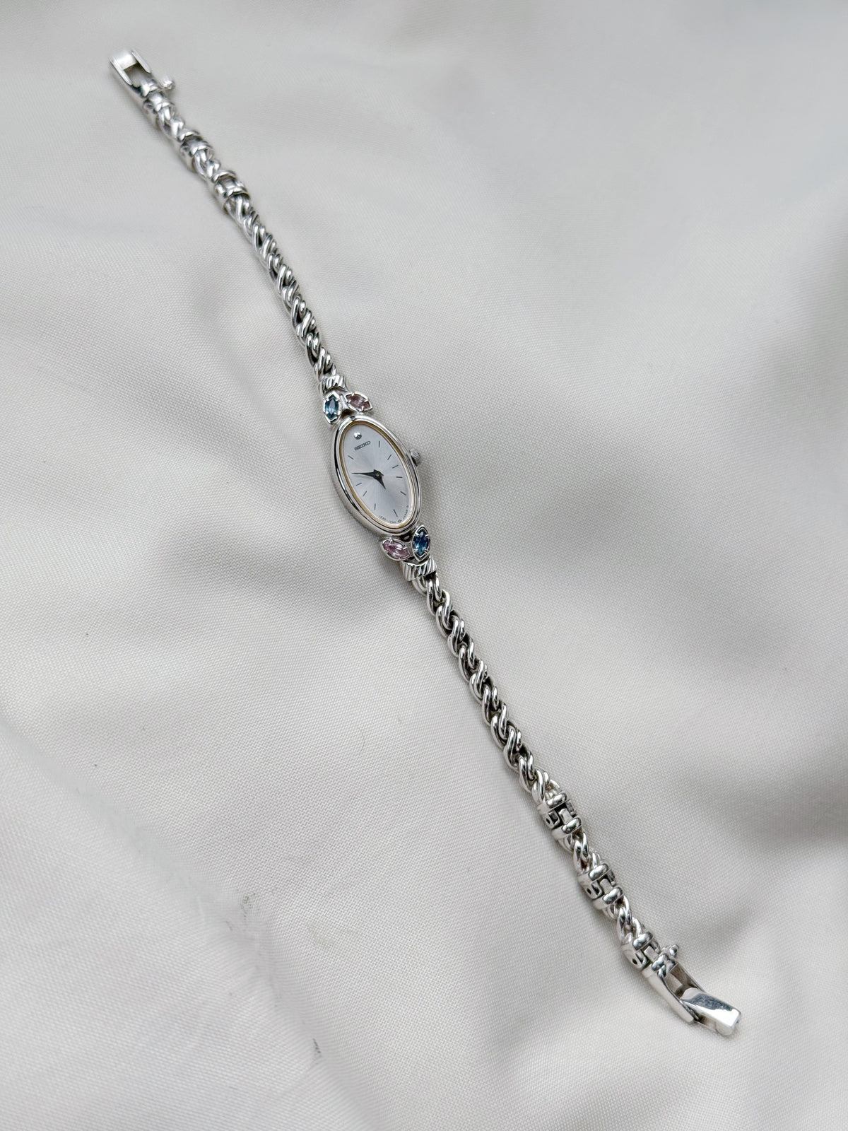 Vintage Rare Seiko Oval Watch with two lavender and blue stones and rope chain bracelet