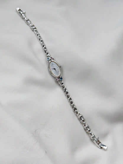 Vintage Rare Seiko Oval Watch with two lavender and blue stones and rope chain bracelet