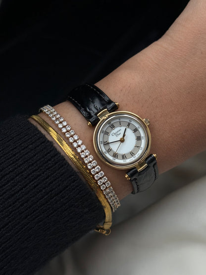 Christian Dior gold plated Roman dial watch for women; Leather strap