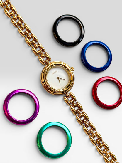 Vintage Gucci Interchangeable Bezels Women's Gold Plated Watch Set, 6 Bezels (11/12.2)
