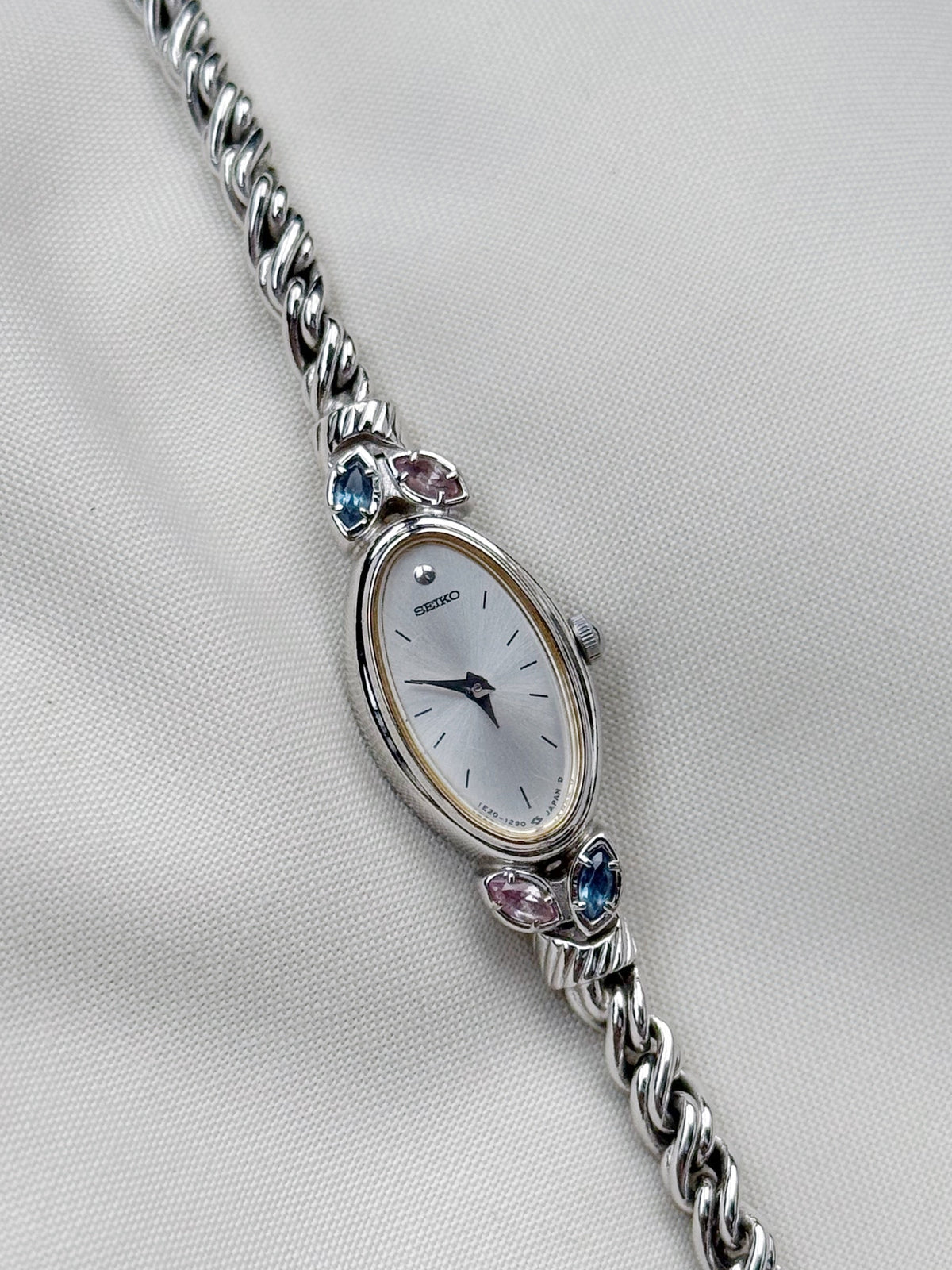 Vintage Rare Seiko Oval Watch with two lavender and blue stones and rope chain bracelet