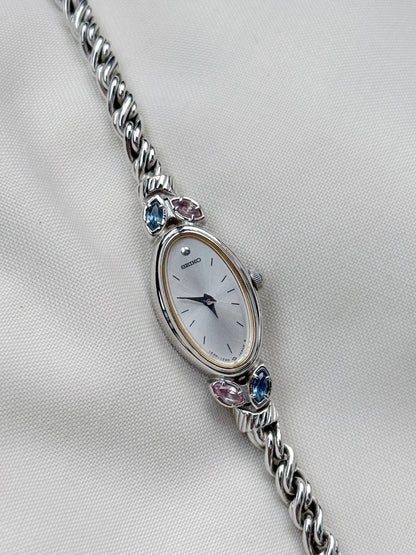 Vintage Rare Seiko Oval Watch with two lavender and blue stones and rope chain bracelet