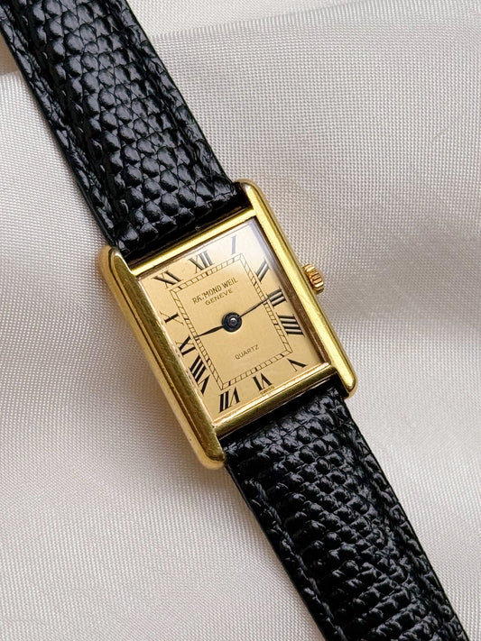 Rare Raymond Weil Roman Tank Vintage Unisex Watch; Gold plated, Leather Strap
