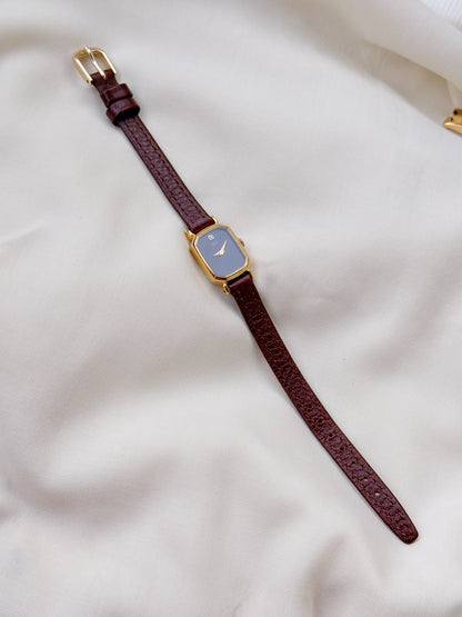 Rare Seiko Small Burgundy Tank Vintage Watch for women; Gold plated, Leather Strap