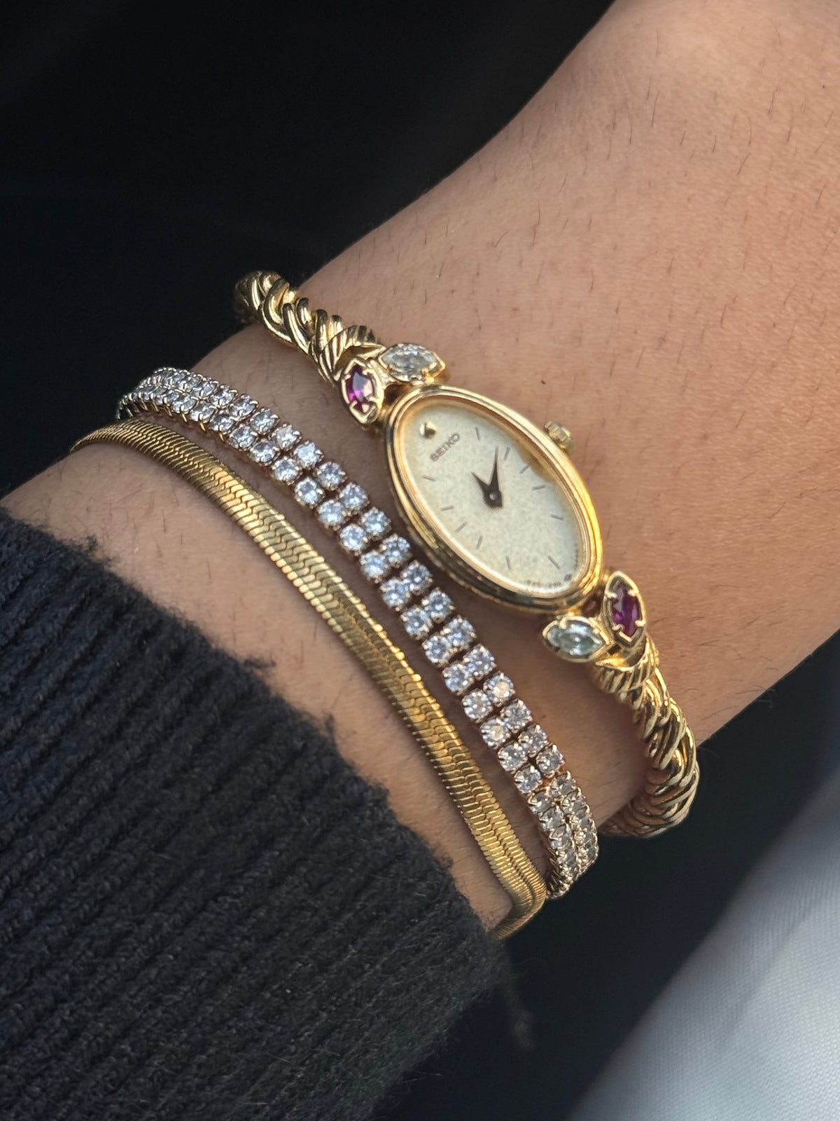 Vintage Seiko Oval Watch: Gold Plated Rope Bracelet,Ruby & White Stones (Japan Made)