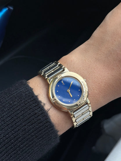 Vintage Rare Yves Saint Laurent Two-Tone Watch for women: Gold Plated, Blue Dial