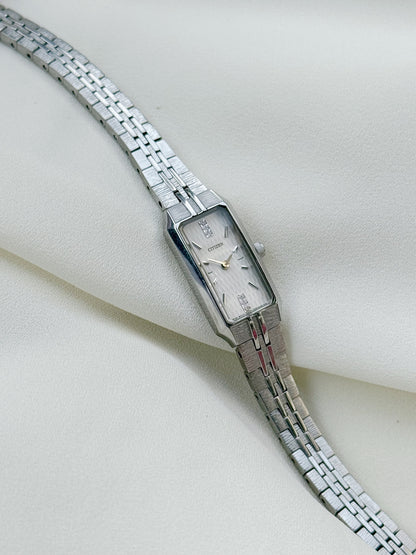 Vintage Citizen Sleek Rectangle dial Bracelet watch for women in silver