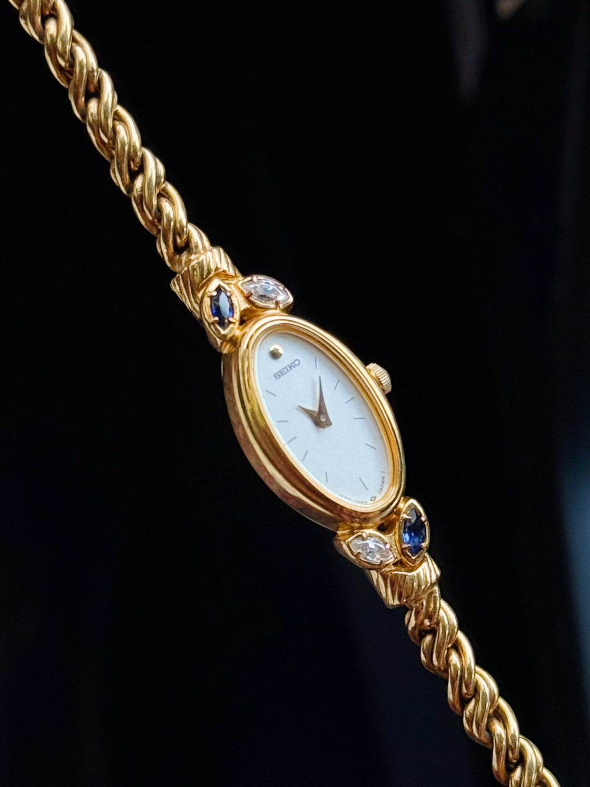 Vintage Seiko Oval Watch: Gold Plated Rope Bracelet, Blue & White Stones (Japan Made)
