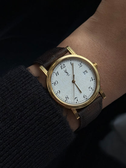 Vintage Rare Yves Saint Laurent Round Pattern Watch for women: Gold Plated, Datejust Dial