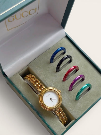 Vintage Gucci Interchangeable Bezels Women's Gold Plated Watch Set, 6 Bezels (11/12.2)