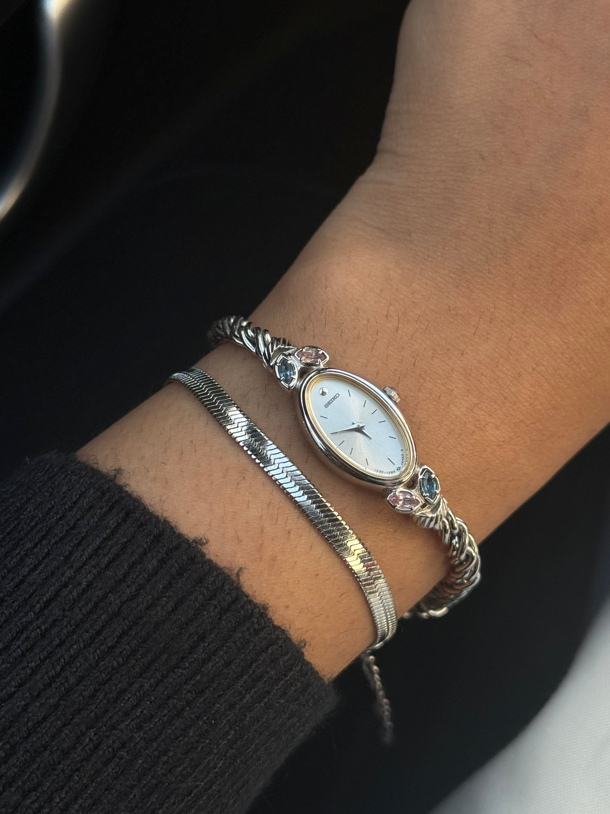 Vintage Rare Seiko Oval Watch with two lavender and blue stones and rope chain bracelet
