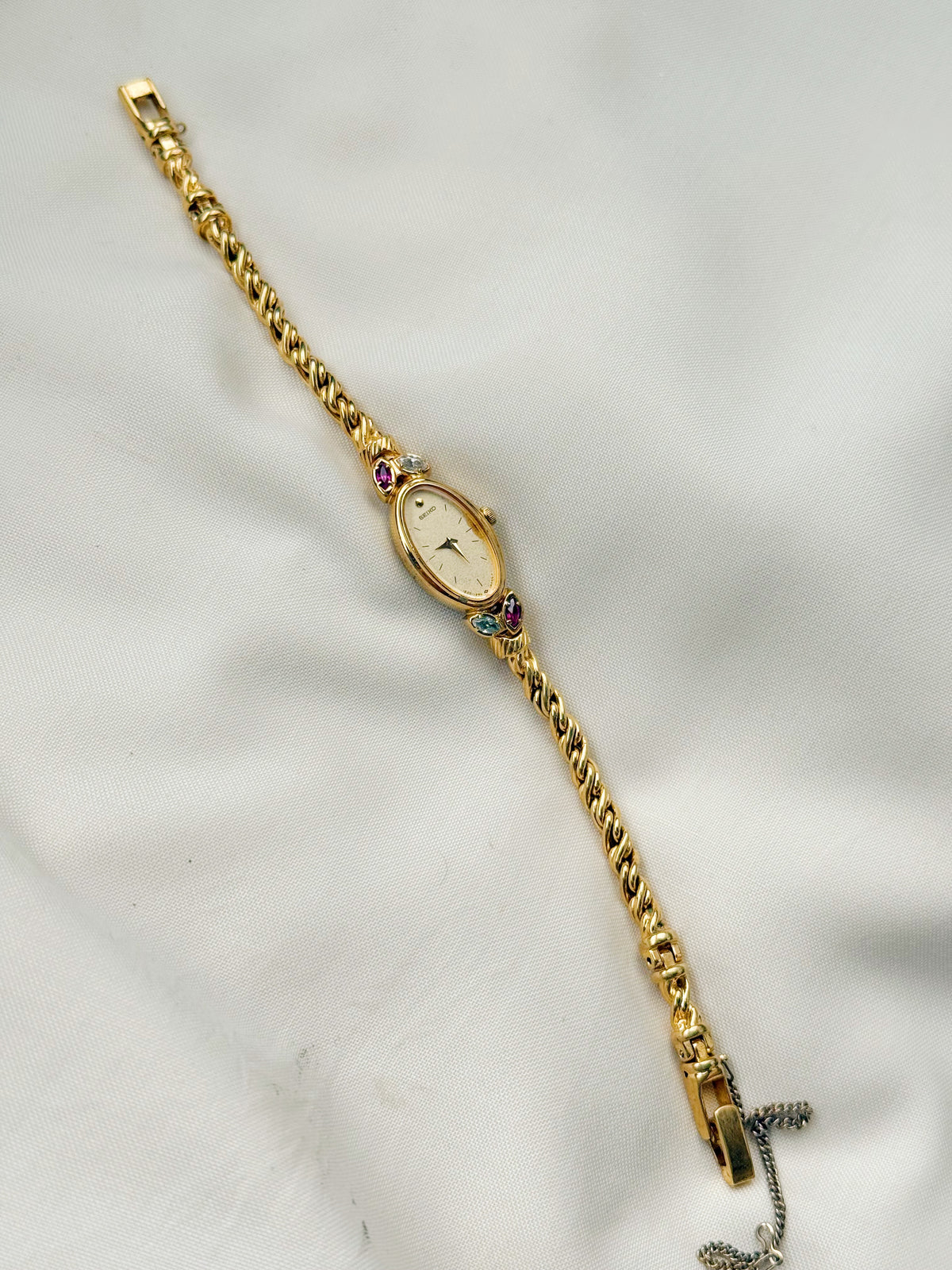 Vintage Seiko Oval Watch: Gold Plated Rope Bracelet,Ruby & White Stones (Japan Made)