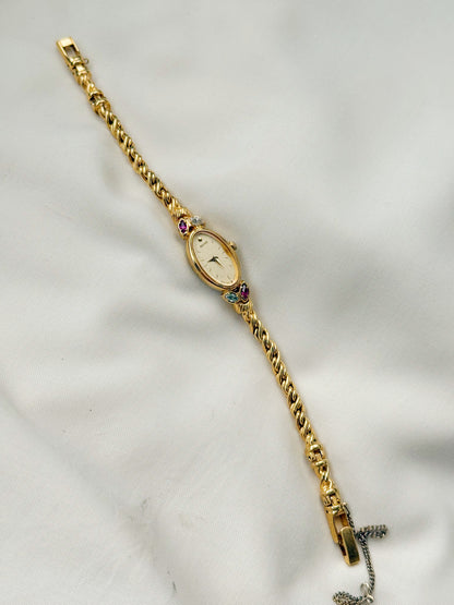 Vintage Seiko Oval Watch: Gold Plated Rope Bracelet,Ruby & White Stones (Japan Made)