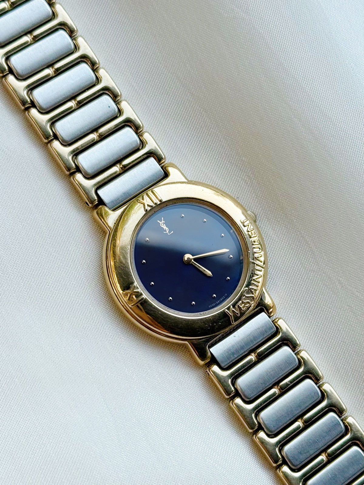 Vintage Rare Yves Saint Laurent Two-Tone Watch for women: Gold Plated, Blue Dial