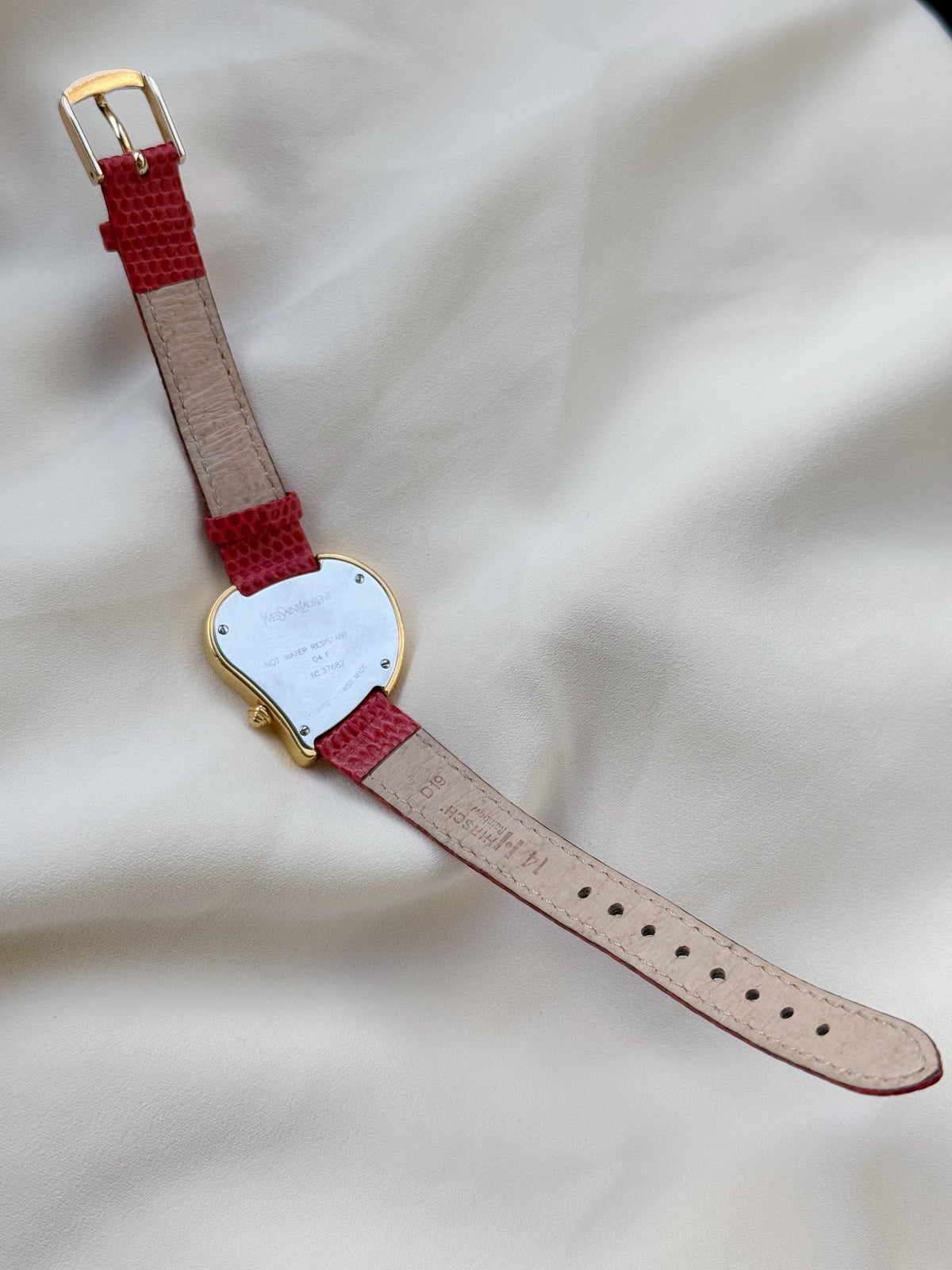 Vintage Rare Yves Saint Laurent Heart Watch for women: Gold Plated, Red strap