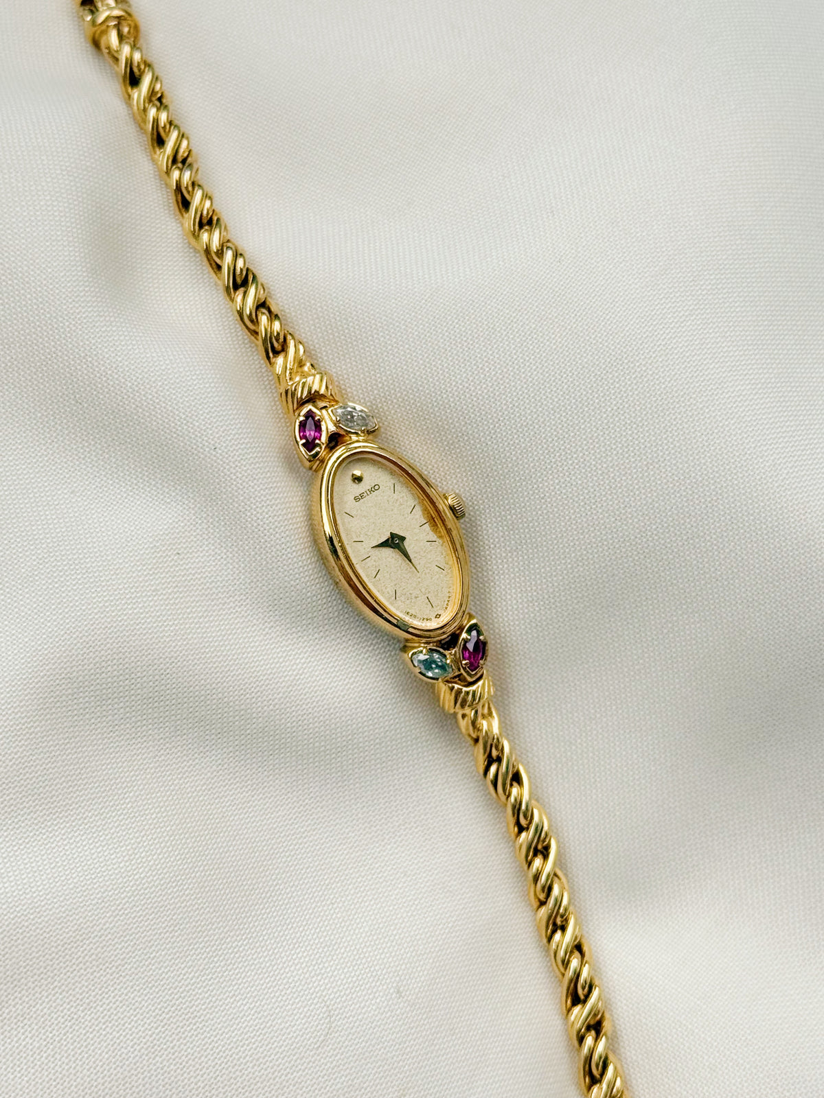 Vintage Seiko Oval Watch: Gold Plated Rope Bracelet,Ruby & White Stones (Japan Made)