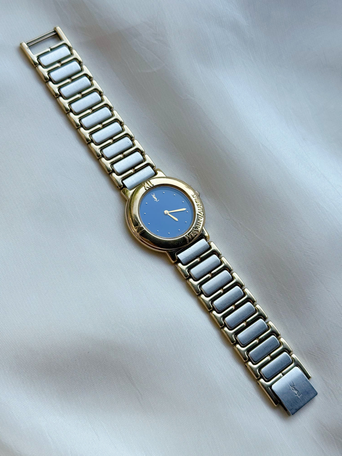 Vintage Rare Yves Saint Laurent Two-Tone Watch for women: Gold Plated, Blue Dial