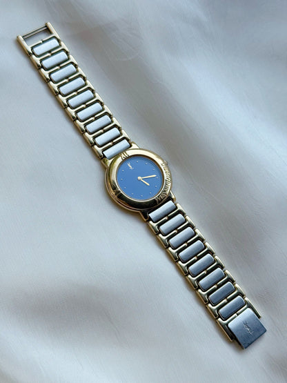 Vintage Rare Yves Saint Laurent Two-Tone Watch for women: Gold Plated, Blue Dial