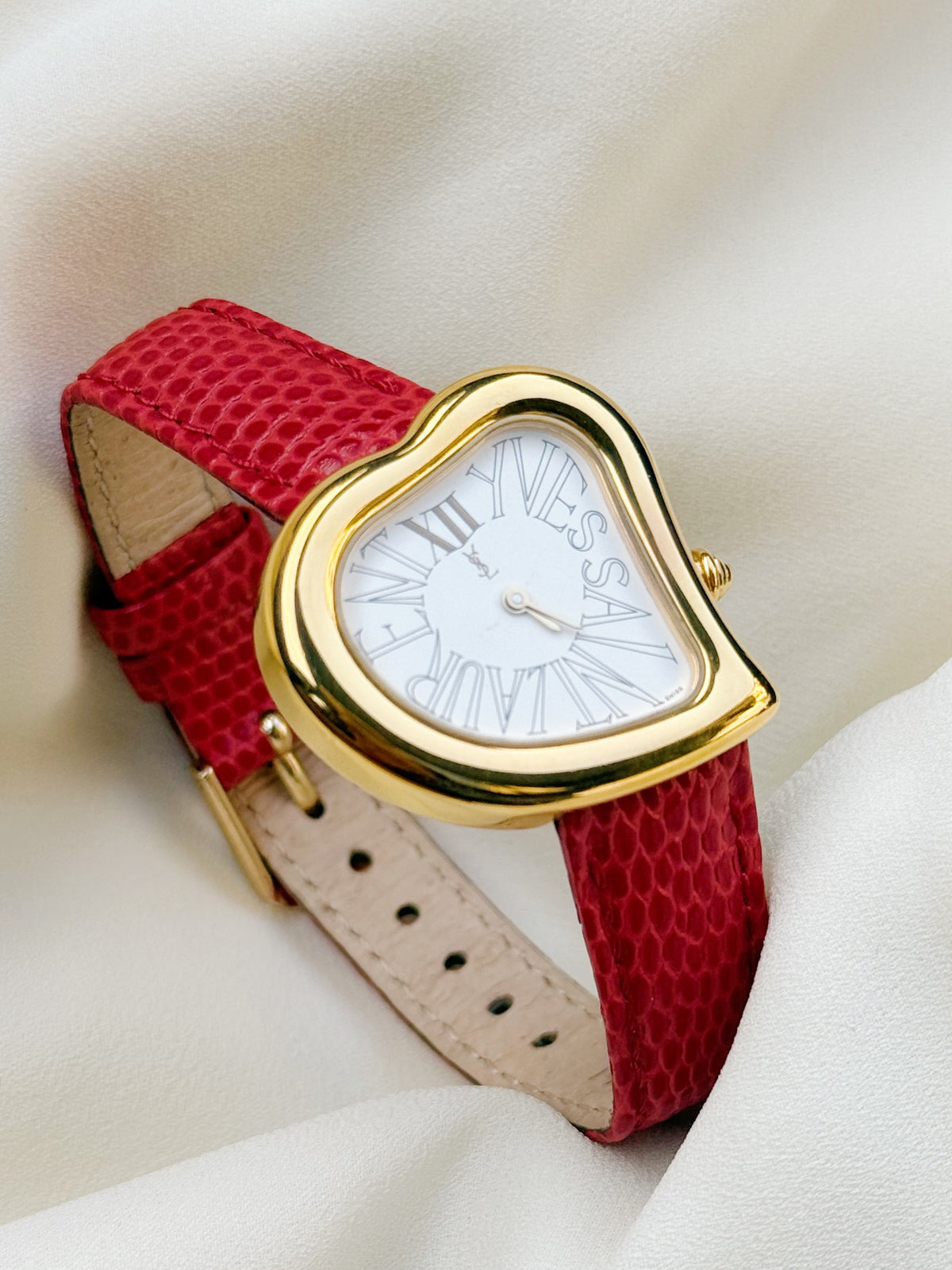 Vintage Rare Yves Saint Laurent Heart Watch for women: Gold Plated, Red strap