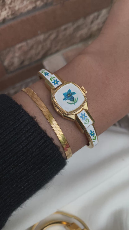 Vintage R.Muller Geneve Peekaboo Floral Bangle Watch, Swiss Made