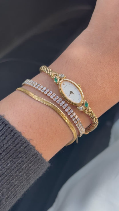 Vintage Seiko Oval Watch: Gold Plated Rope Bracelet, Emerald & White Stones