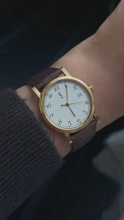 Vintage Rare Yves Saint Laurent Round Pattern Watch for women: Gold Plated, Datejust Dial