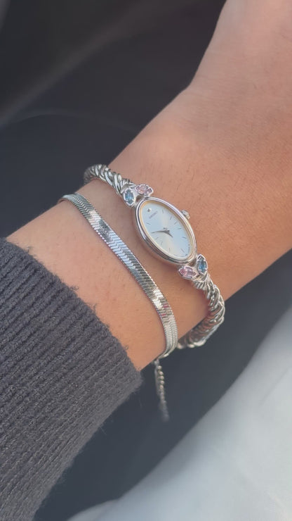 Vintage Rare Seiko Oval Watch with two lavender and blue stones and rope chain bracelet