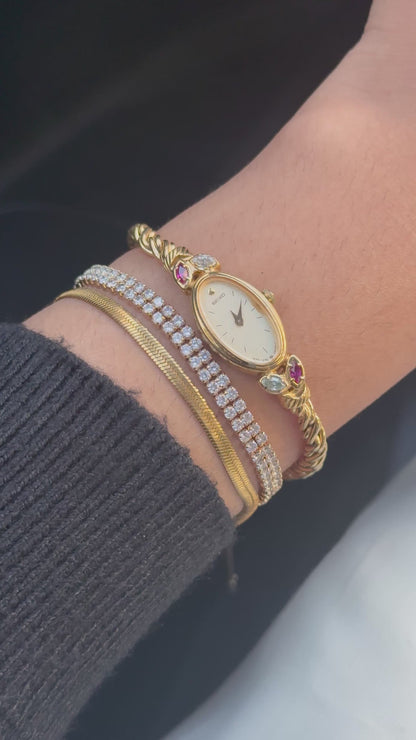 Vintage Seiko Oval Watch: Gold Plated Rope Bracelet,Ruby & White Stones (Japan Made)