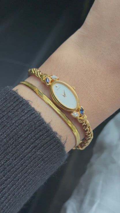 Vintage Seiko Oval Watch: Gold Plated Rope Bracelet, Blue & White Stones (Japan Made)